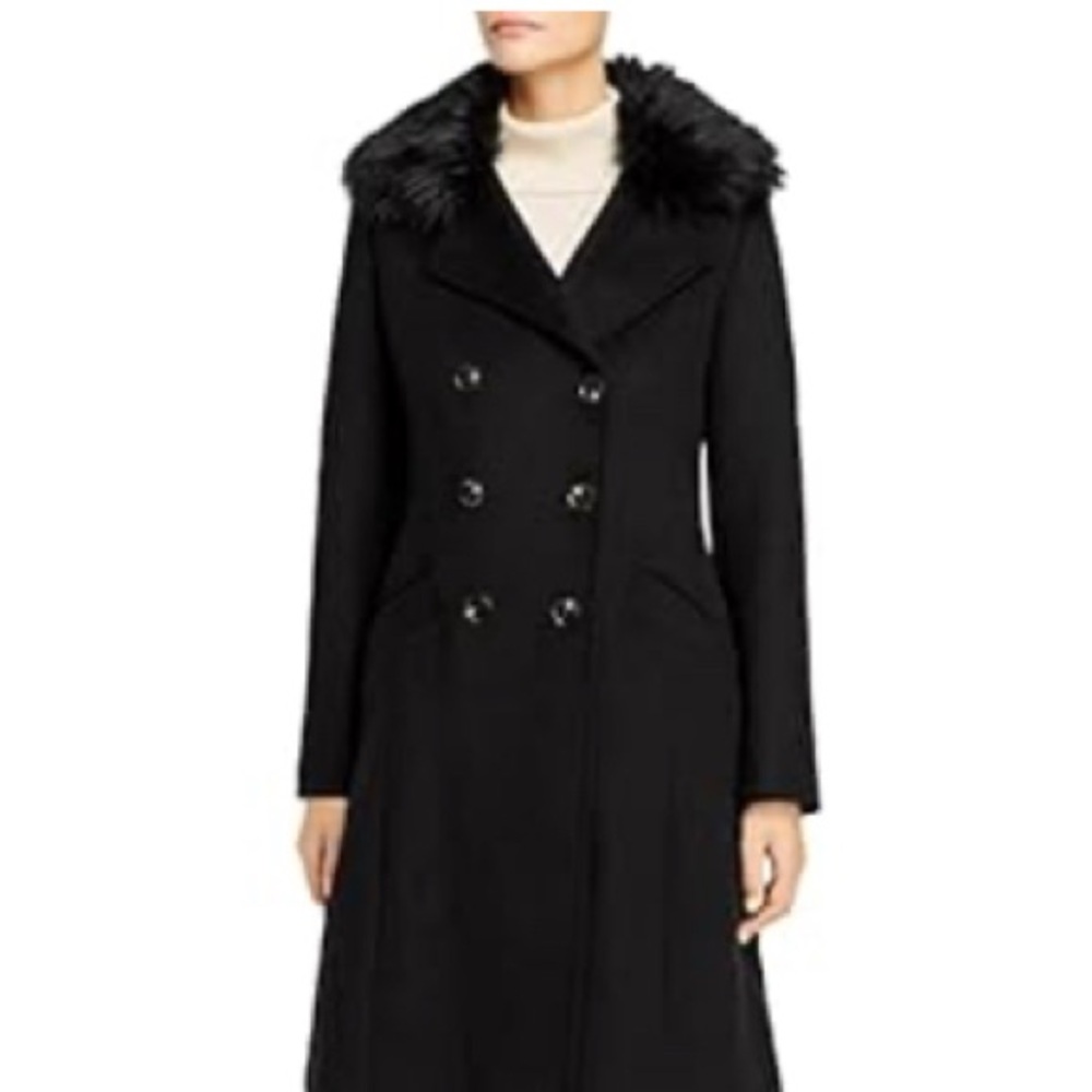 Tahari Black Fur-Collar Pea Coat